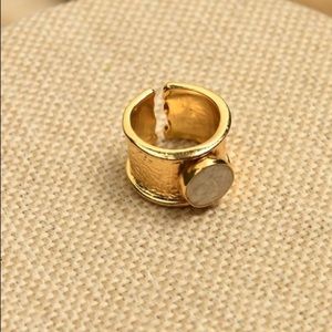 New gold tone and white stone open cuff ring.